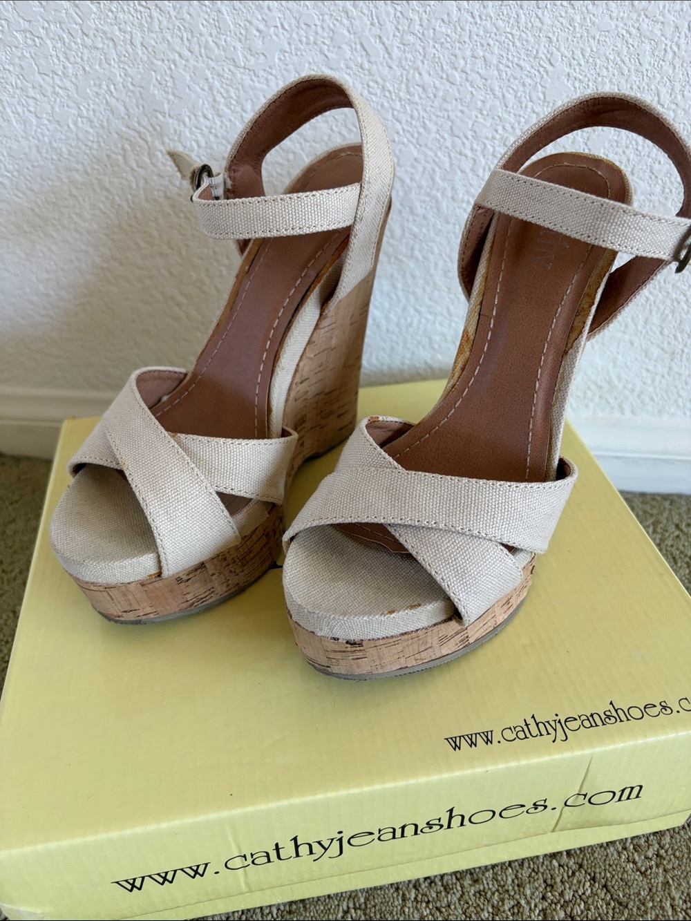 Cathy Jean Neutral Canvas Cork Platform Wedges